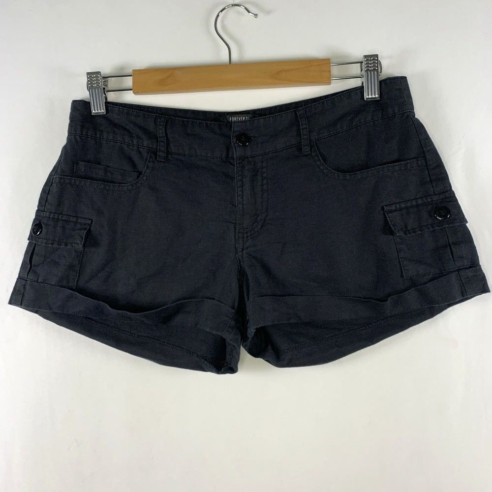 Forever 21 Womens 100% Linen Cargo Micro Mini Cuffed Shorts Size S Black Utility